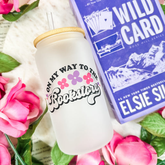 On My Way to the Bookstore Frosted Glass Cup with Bamboo Lid and Straw – Perfect for Bookstore Adventures
