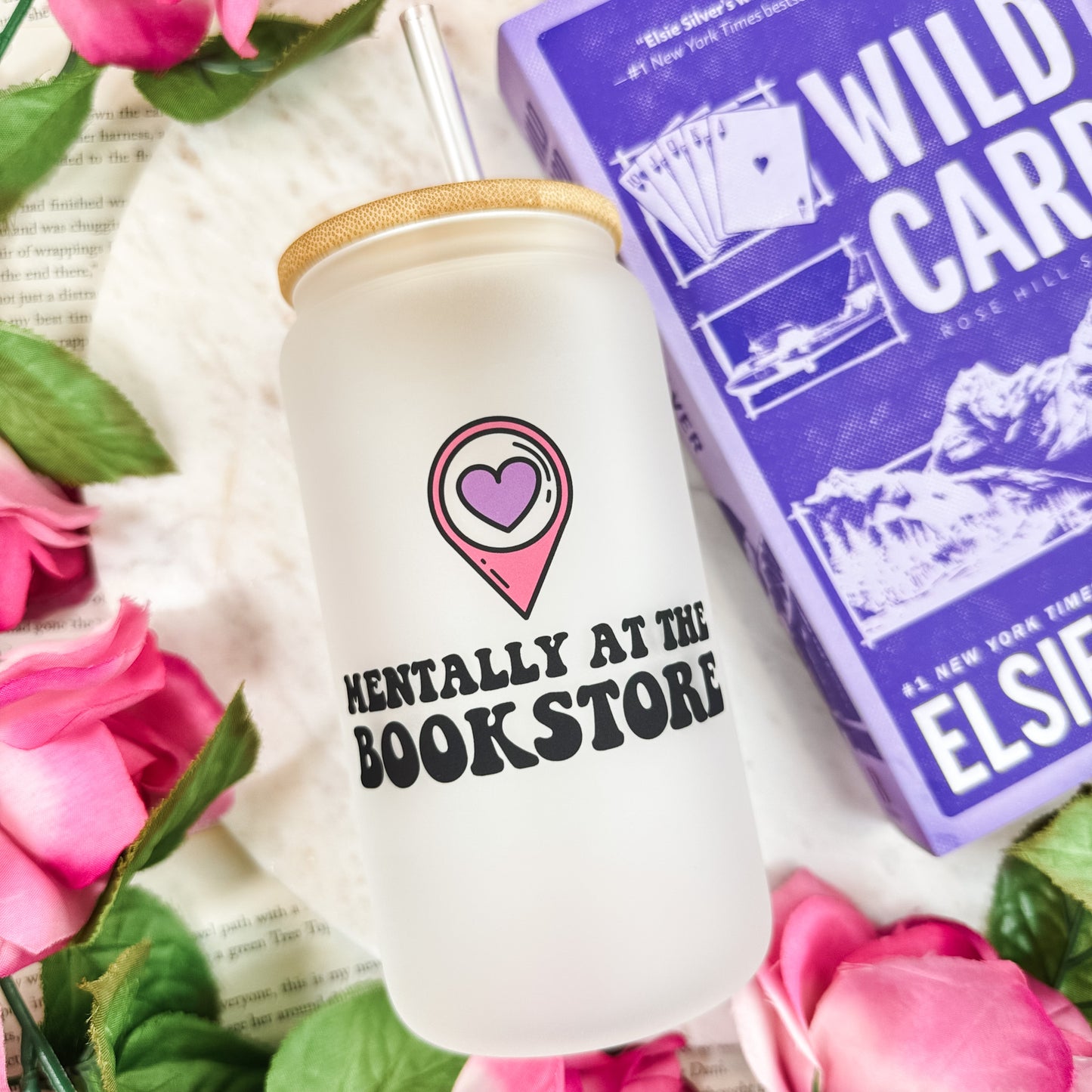 Mentally at the Bookstore Frosted Glass Cup with Bamboo Lid & Straw | Bookish Drinkware