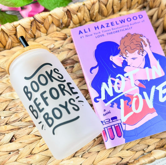 Books Before Boys Frosted Glass Cup with Bamboo Lid and Straw | Perfect Bookish Gift for Valentine’s Day Readers