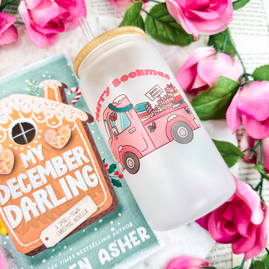 Merry Bookmas Holiday Book Truck Frosted Glass Cup With Bamboo Lid And Straw