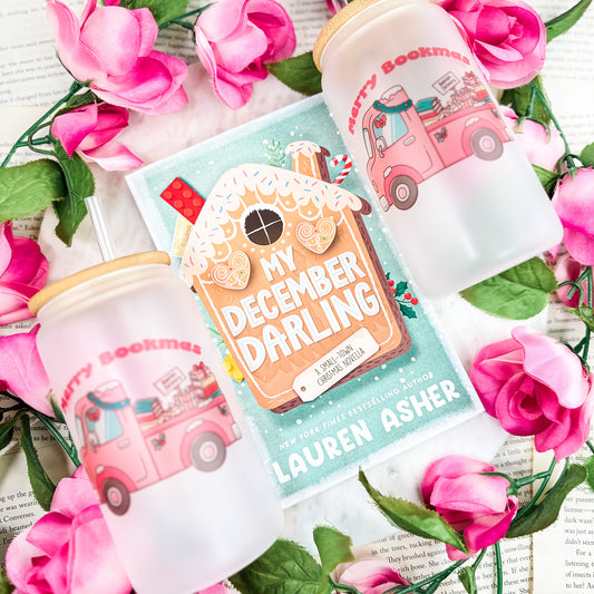 Merry Bookmas Holiday Book Truck Frosted Glass Cup With Bamboo Lid And Straw