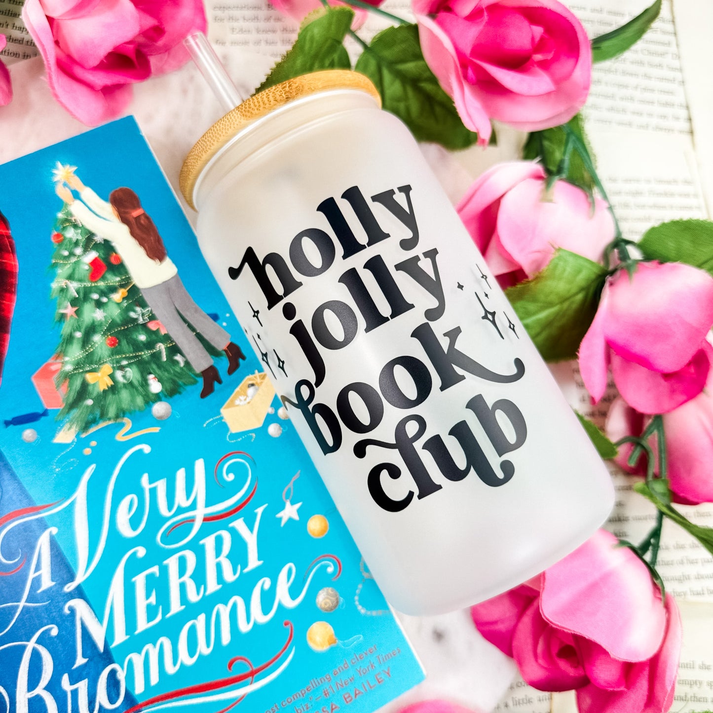 Holly Jolly Book Club Frosted Glass Cup With Bamboo Lid And Straw
