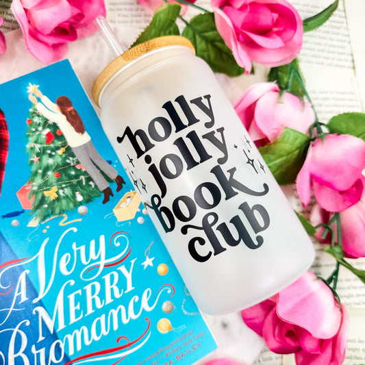 Holly Jolly Book Club Frosted Glass Cup With Bamboo Lid And Straw