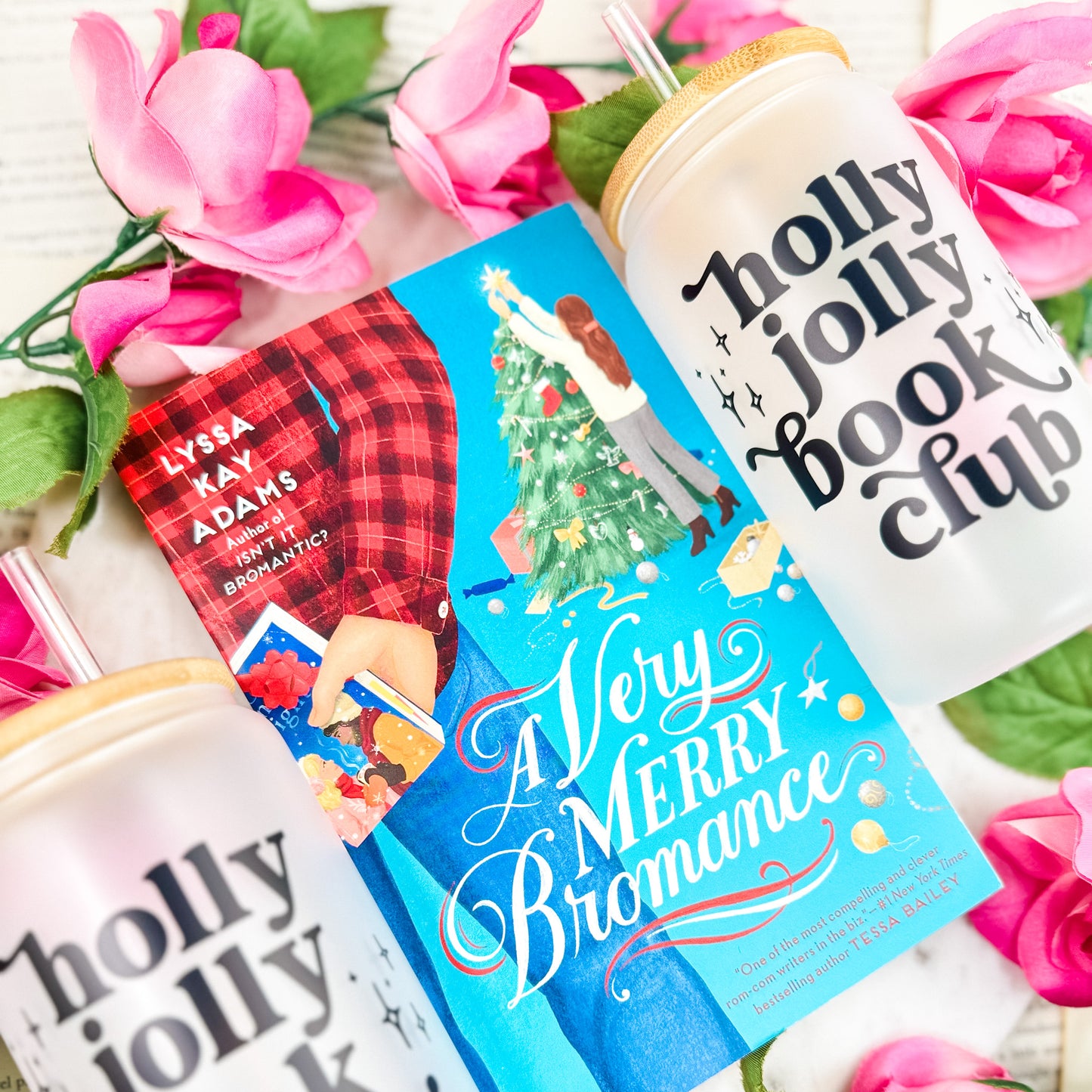 Holly Jolly Book Club Frosted Glass Cup With Bamboo Lid And Straw