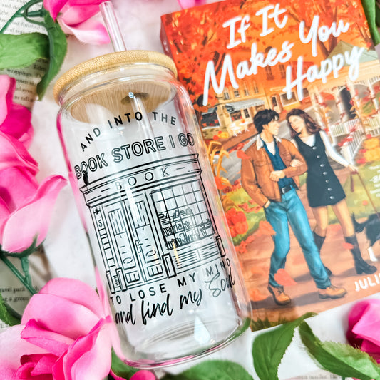 Into the Bookstore I Go Clear Glass Cup with Bamboo Lid and Straw - Perfect for Bookstore Adventures and Daily Sips