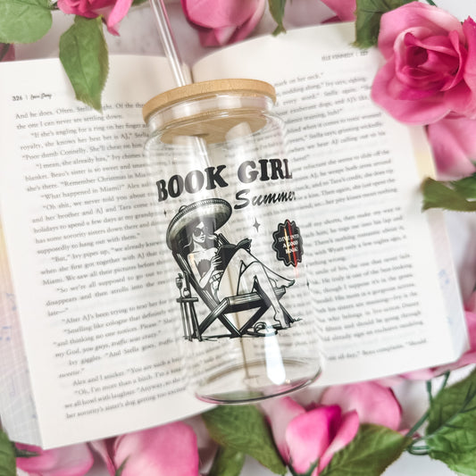 Book Girl Summer Clear Glass Cup with Bamboo Lid & Straw