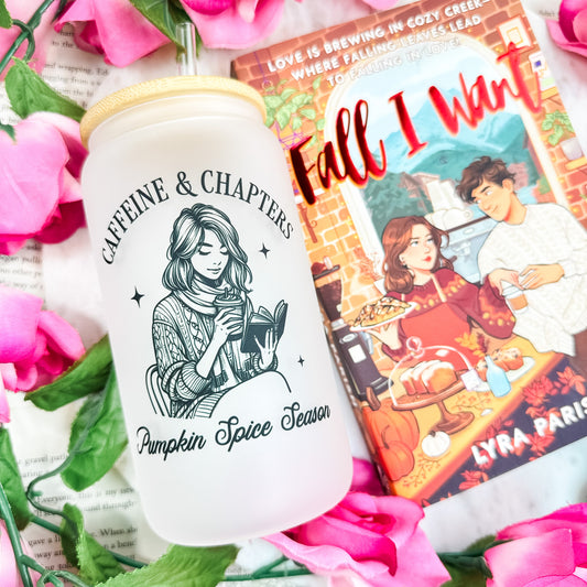 Caffeine and Chapters Frosted Glass Cup