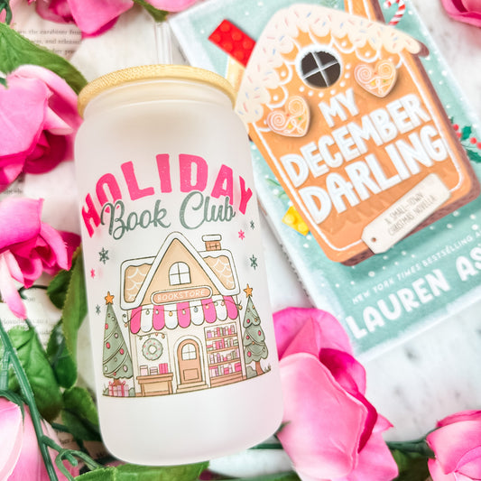 Holiday Book Club Bookstore Frosted Glass Cup With Bamboo Lid and Straw