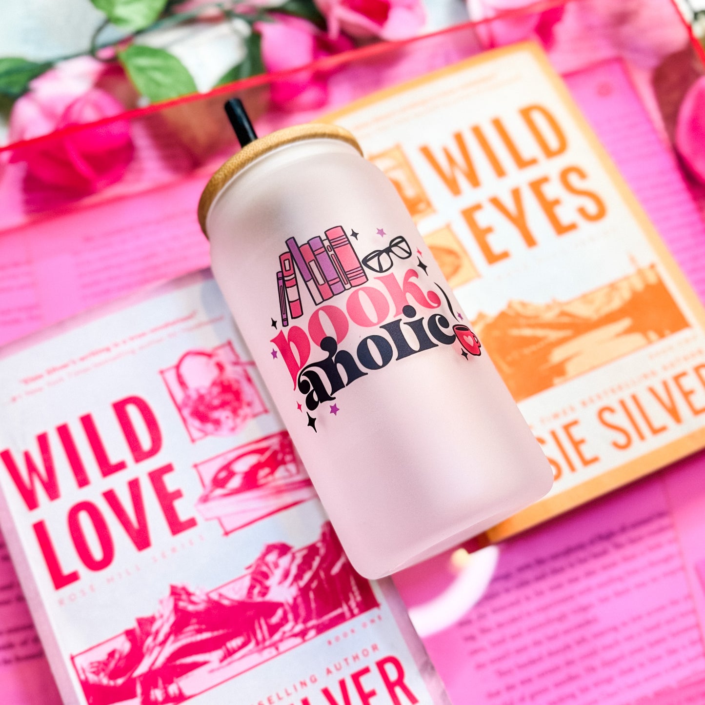 Bookaholic Frosted Glass Cup With Bamboo Lid And Straw | BookTok Cup for Readers