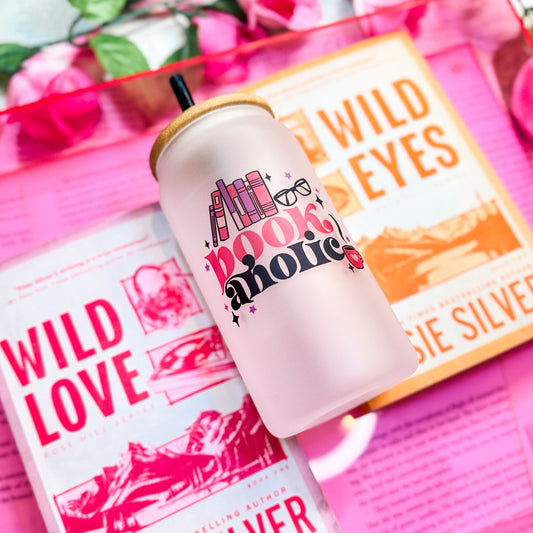Bookaholic Frosted Glass Cup With Bamboo Lid And Straw | BookTok Cup for Readers