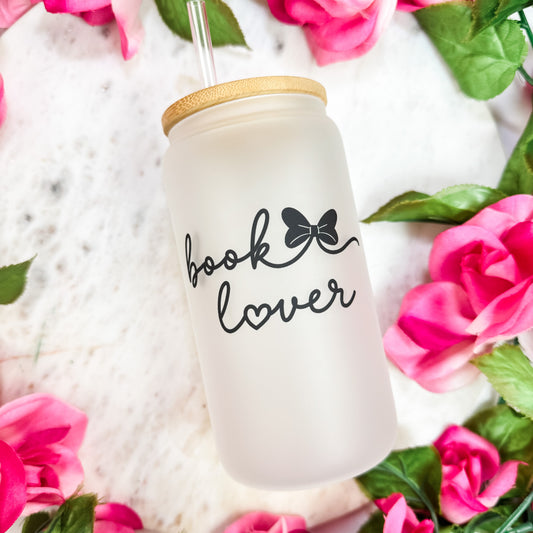Book Lover Frosted Glass Cup with Bamboo Lid & Straw