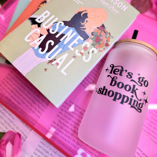 Let’s Go Book Shopping Frosted Glass Cup with Bamboo Lid and Reusable Straw - Aesthetic Bookish Drinkware for Readers