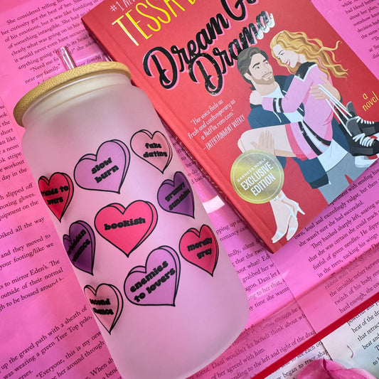 Bookish Tropes Candy Hearts Frosted Glass Cup | Bamboo Lid Cup with Straw Upgrade Option for Valentine’s Day