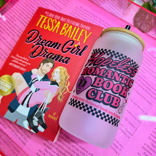 Hopeless Romantic Book Club Frosted Glass Cup with Bamboo Lid and Straw | Perfect for Valentine’s Day and Book Lovers