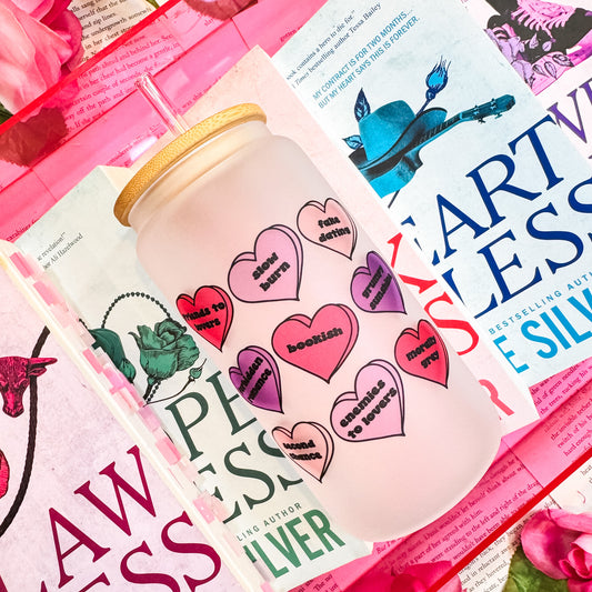 Bookish Tropes Candy Hearts Frosted Glass Cup | Bamboo Lid Cup with Straw Upgrade Option for Valentine’s Day
