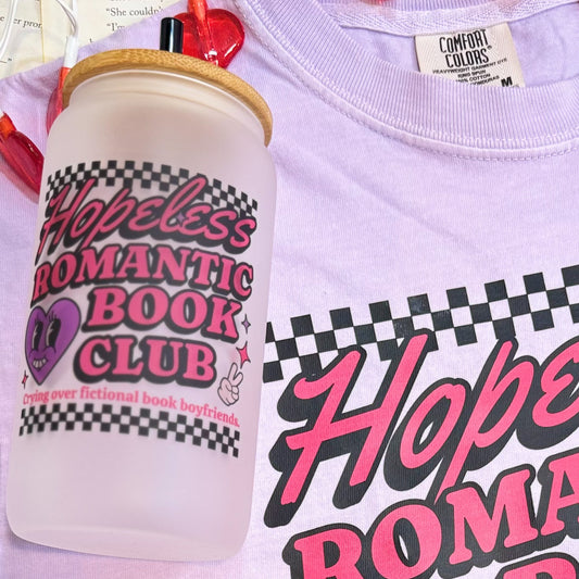 Hopeless Romantic Book Club Frosted Glass Cup with Bamboo Lid and Straw | Perfect for Valentine’s Day and Book Lovers