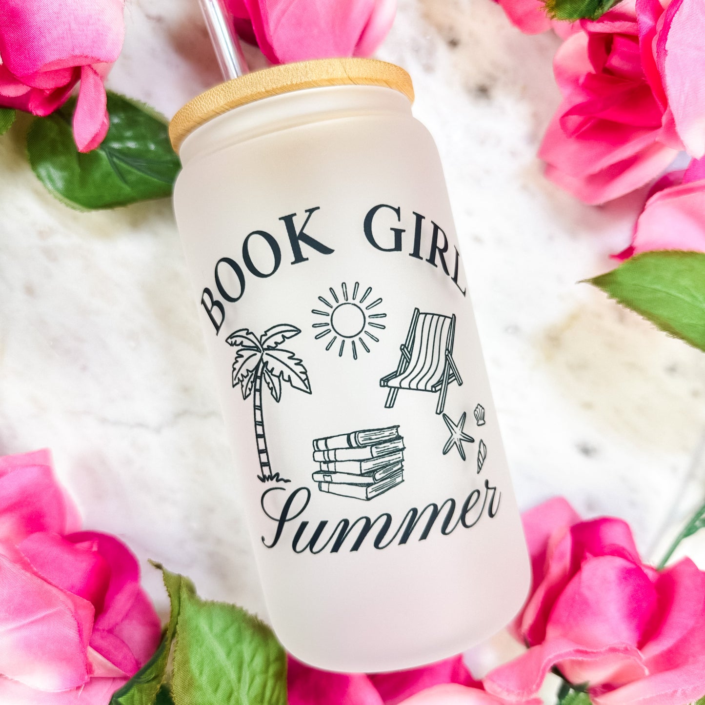 Book Girl Summer Frosted Glass Cup with Bamboo Lid & Straw