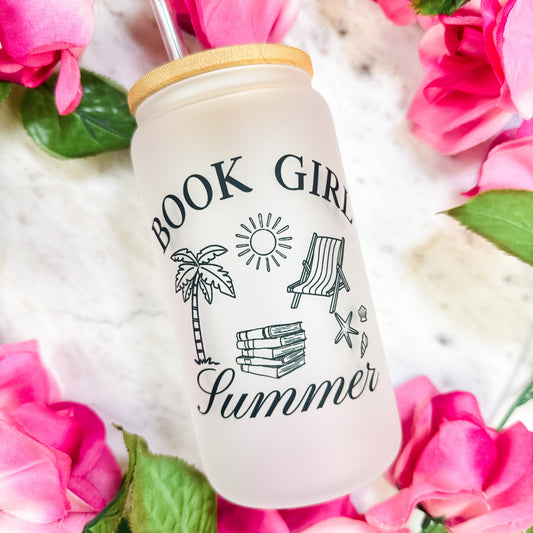 Book Girl Summer Frosted Glass Cup with Bamboo Lid & Straw