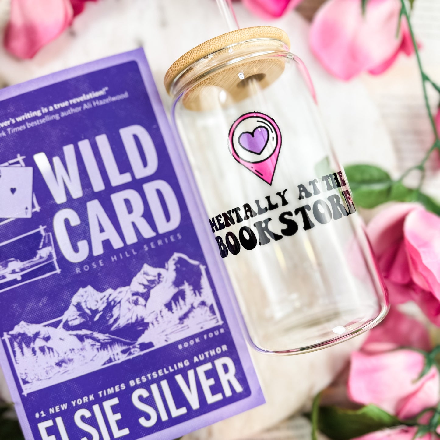 Mentally at the Bookstore Clear Glass Cup with Bamboo Lid & Straw | Bookish Drinkware