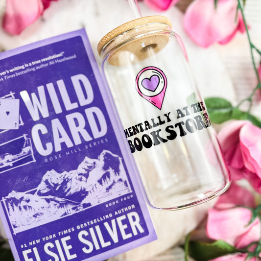 Mentally at the Bookstore Clear Glass Cup with Bamboo Lid & Straw | Bookish Drinkware