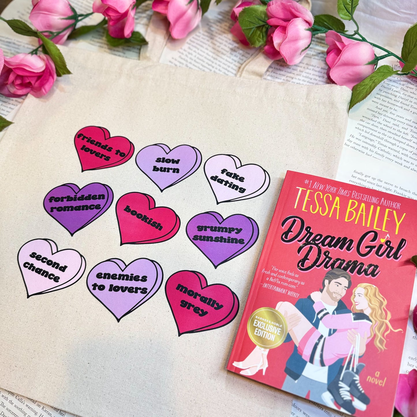 Bookish Tropes Candy Hearts Canvas Tote Bag