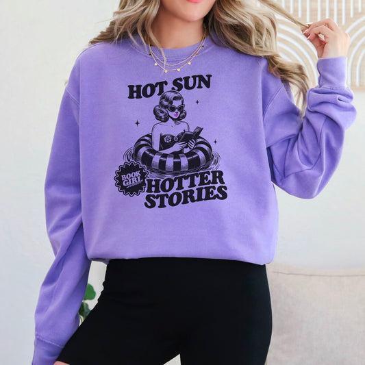 Hot Sun, Hotter Stories - Retro Summer Bookish Comfort Colors Sweatshirt for Readers
