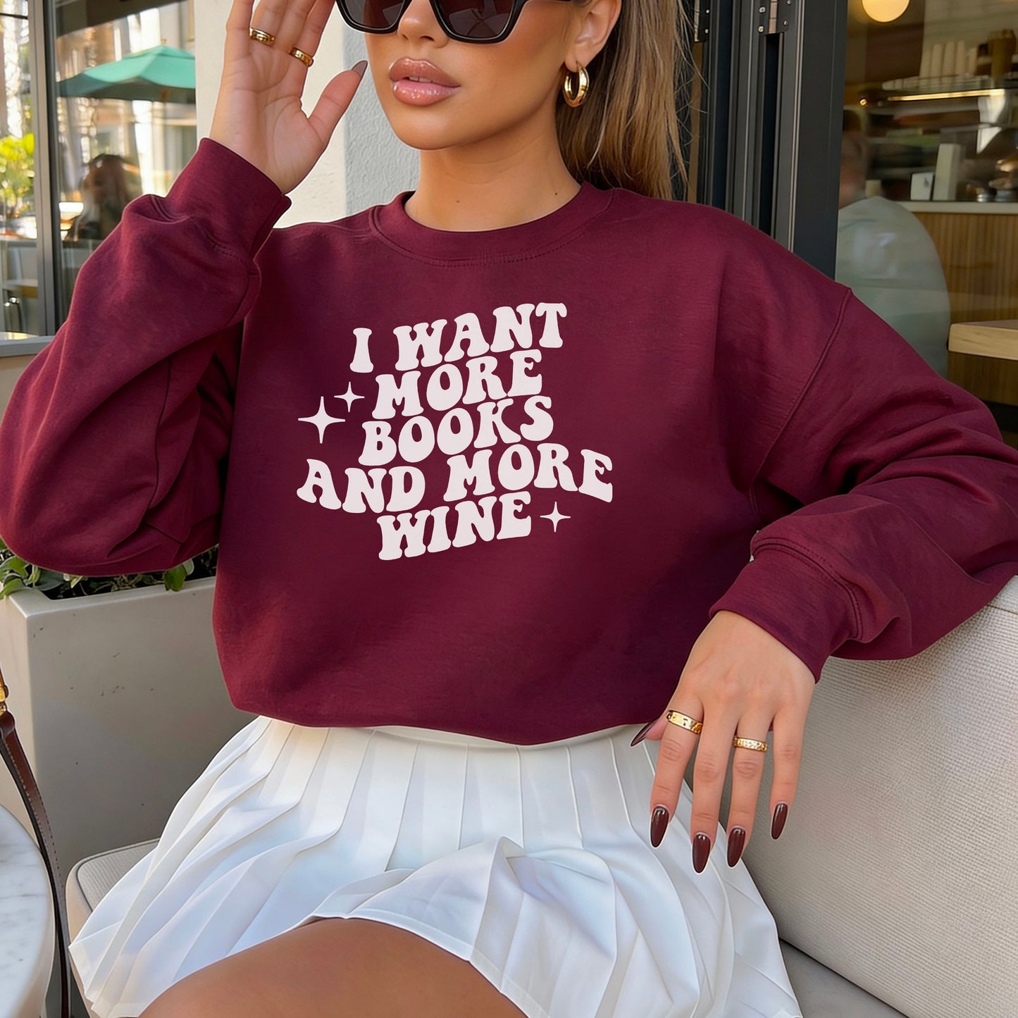 I Want More Books And More Wine Gildan Crewneck Sweatshirt