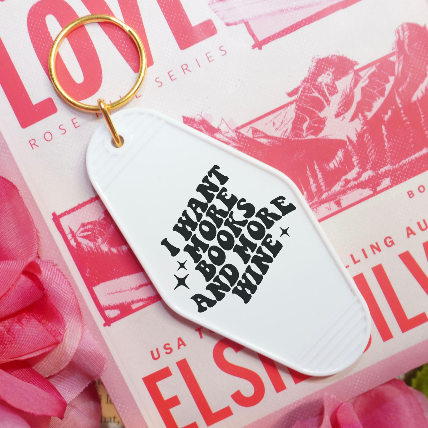 I Want More Books And More Wine Retro Motel Keychain