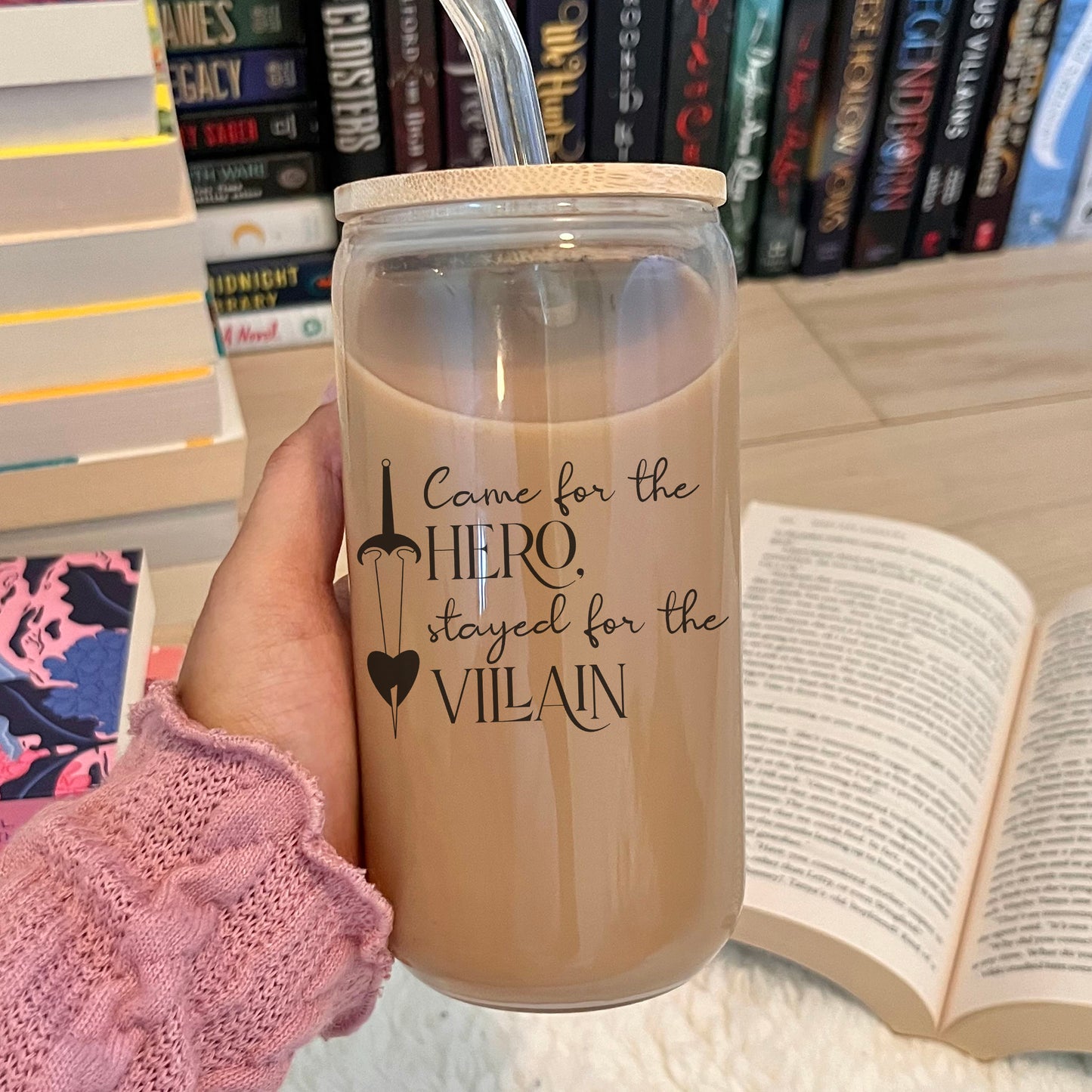 Came for the Hero, Stayed for the Villain Clear Glass Cup with Bamboo Lid | Aesthetic Bookish Drinkware for Fantasy Lovers
