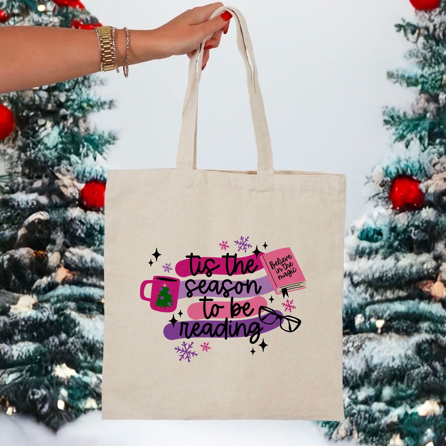 Tis the Season to Be Reading Holiday Canvas Tote Bag | Festive Bookish Christmas Gift for Readers