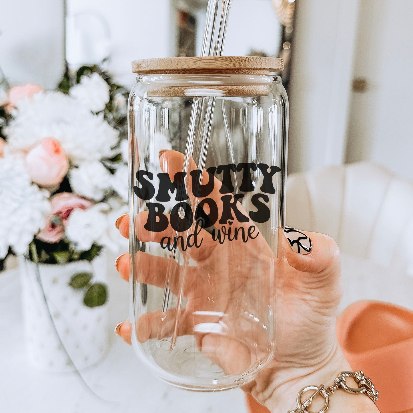 Smutty Books And Wine Clear Glass Cup With Bamboo Lid And Plastic Straw