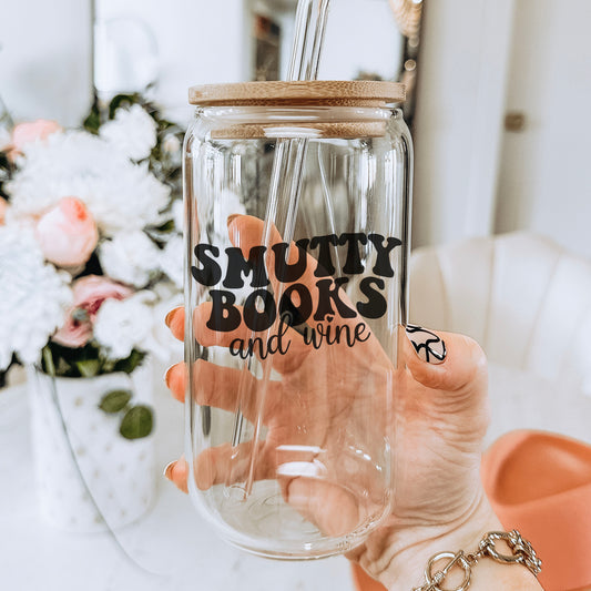Smutty Books And Wine Clear Glass Cup With Bamboo Lid And Plastic Straw
