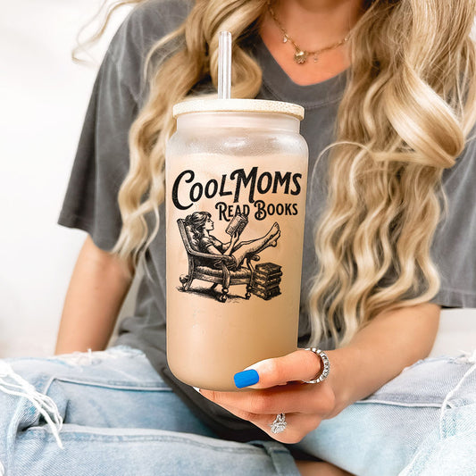 Cool Moms Read Books Frosted Glass Cup with Bamboo Lid & Straw