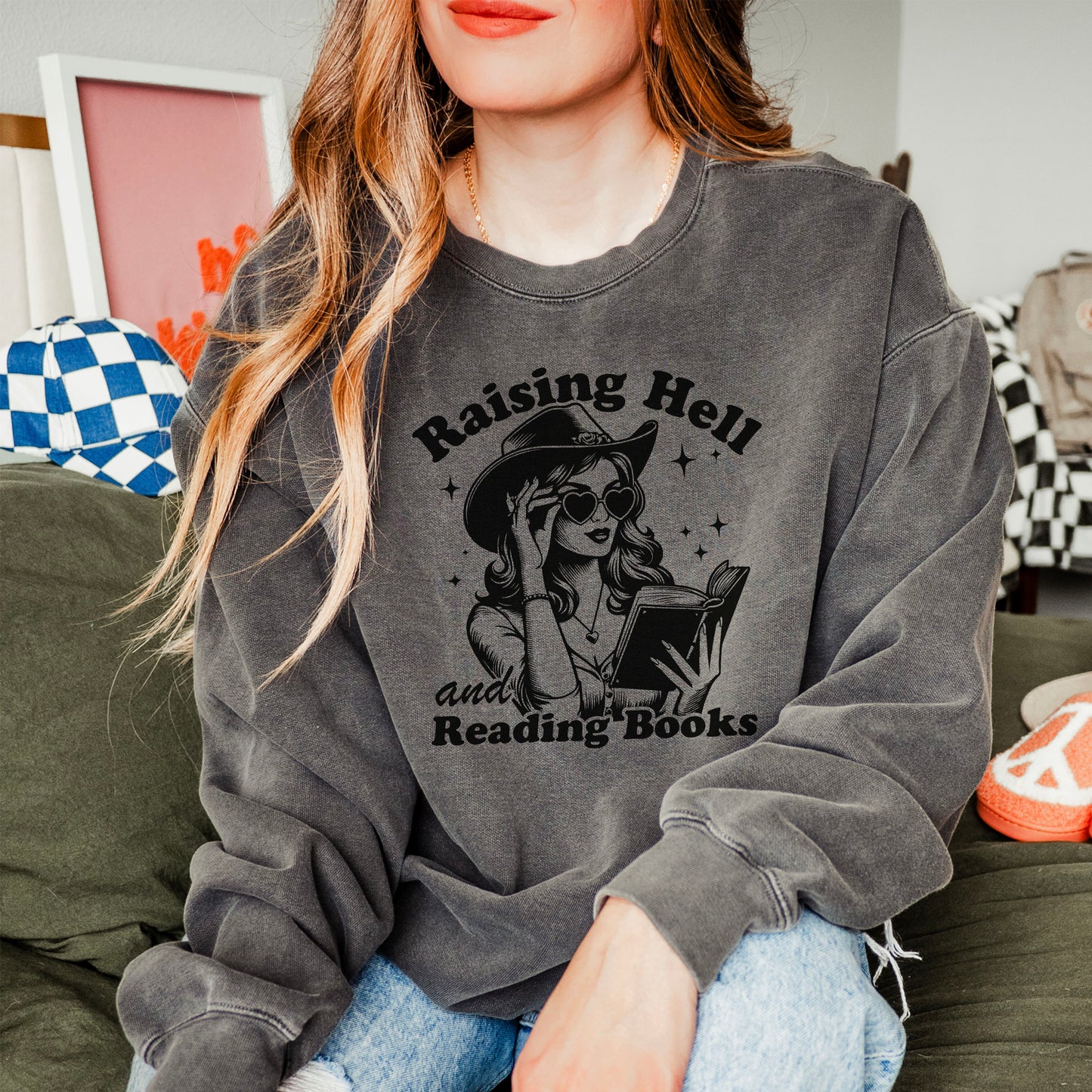 Raising Hell And Reading Books Lightweight Comfort Colors Sweatshirt