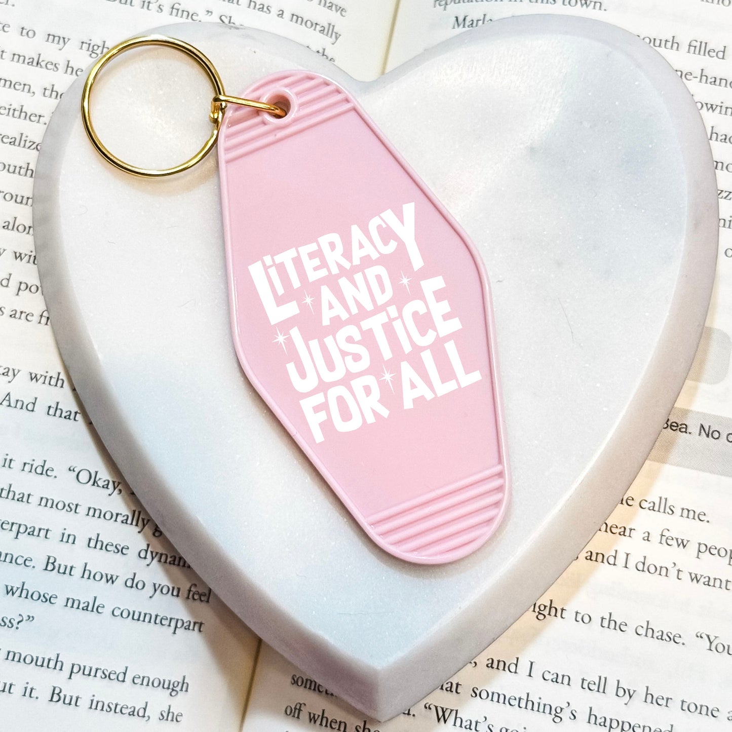 Literacy And Justice For All Retro Motel Keychain