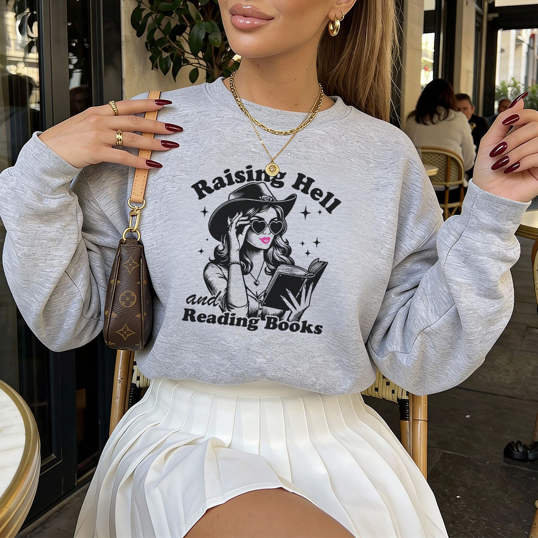 Raising Hell And Reading Books Gildan Crewneck Sweatshirt