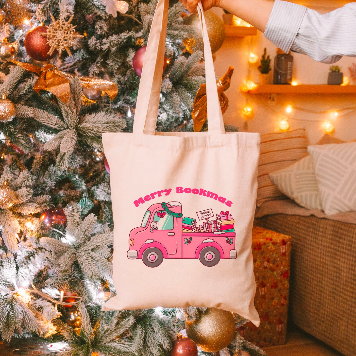 Merry Bookmas Holiday Book Truck Canvas Tote Bag