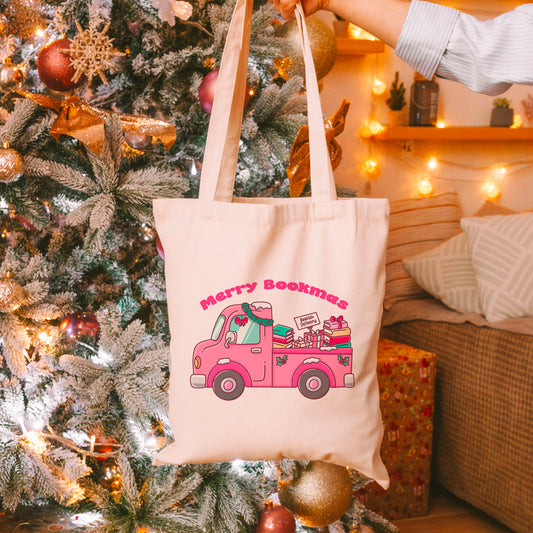 Merry Bookmas Holiday Book Truck Canvas Tote Bag