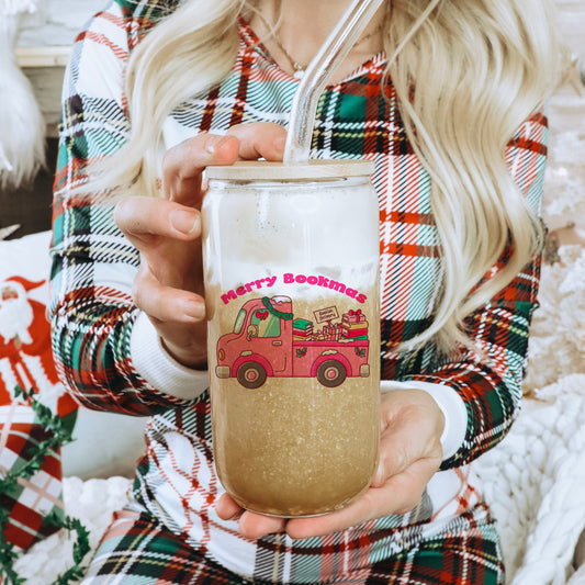 Merry Bookmas Holiday Book Truck Clear Glass Cup with Bamboo Lid and Straw