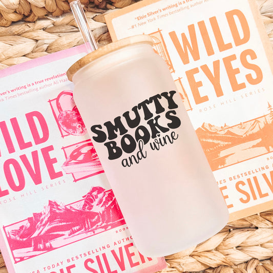 Smutty Books And Wine Frosted Glass Cup With Bamboo Lid And Plastic Straw