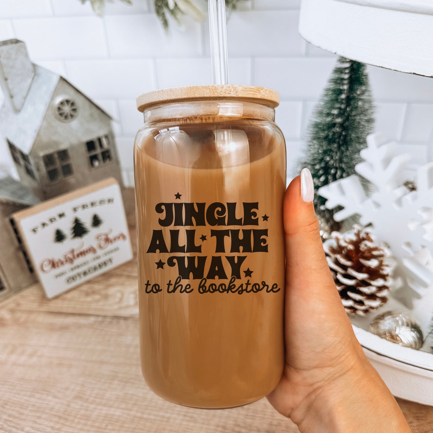Jingle All The Way To The Bookstore Clear Glass Cup With Bamboo Lid And Straw