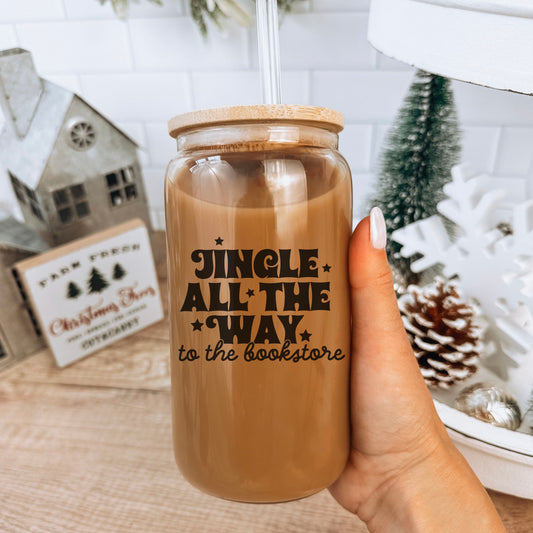 Jingle All The Way To The Bookstore Clear Glass Cup With Bamboo Lid And Straw
