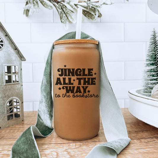 Jingle All The Way To The Bookstore Frosted Glass Cup with Bamboo Lid and Straw