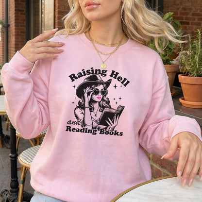 Raising Hell And Reading Books Gildan Crewneck Sweatshirt