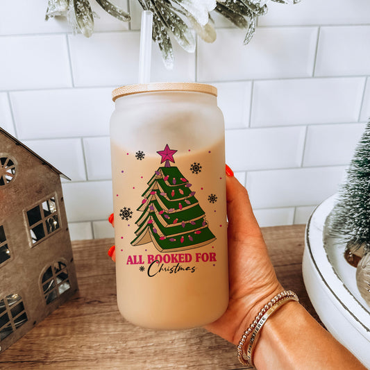 All Booked for Christmas Frosted Glass Cup – Bamboo Lid & Straw for Book Lovers