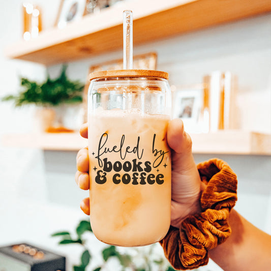 Fueled By Books & Coffee Clear Glass Cup with Bamboo Lid & Straw