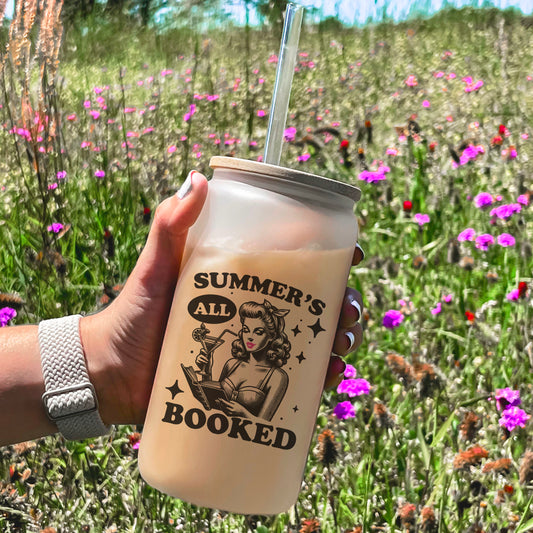 Summer’s All Booked Frosted Glass Cup with Bamboo Lid & Straw | Retro Bookish Drinkware