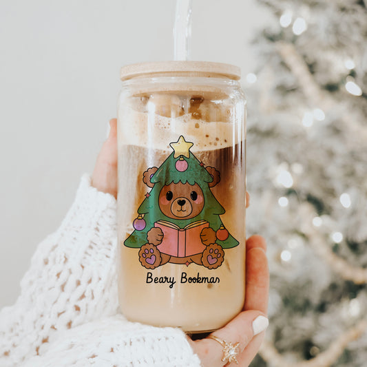 Beary Bookmas Clear Glass Cup With Bamboo Lid And Straw