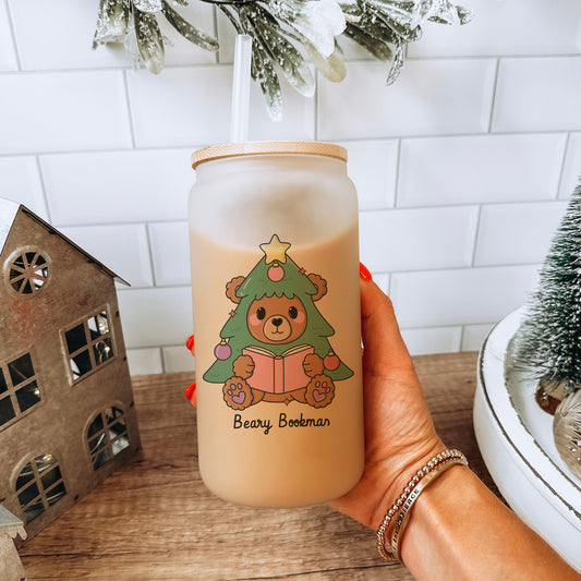 Beary Bookmas Frosted Glass Cup With Bamboo Lid and Straw