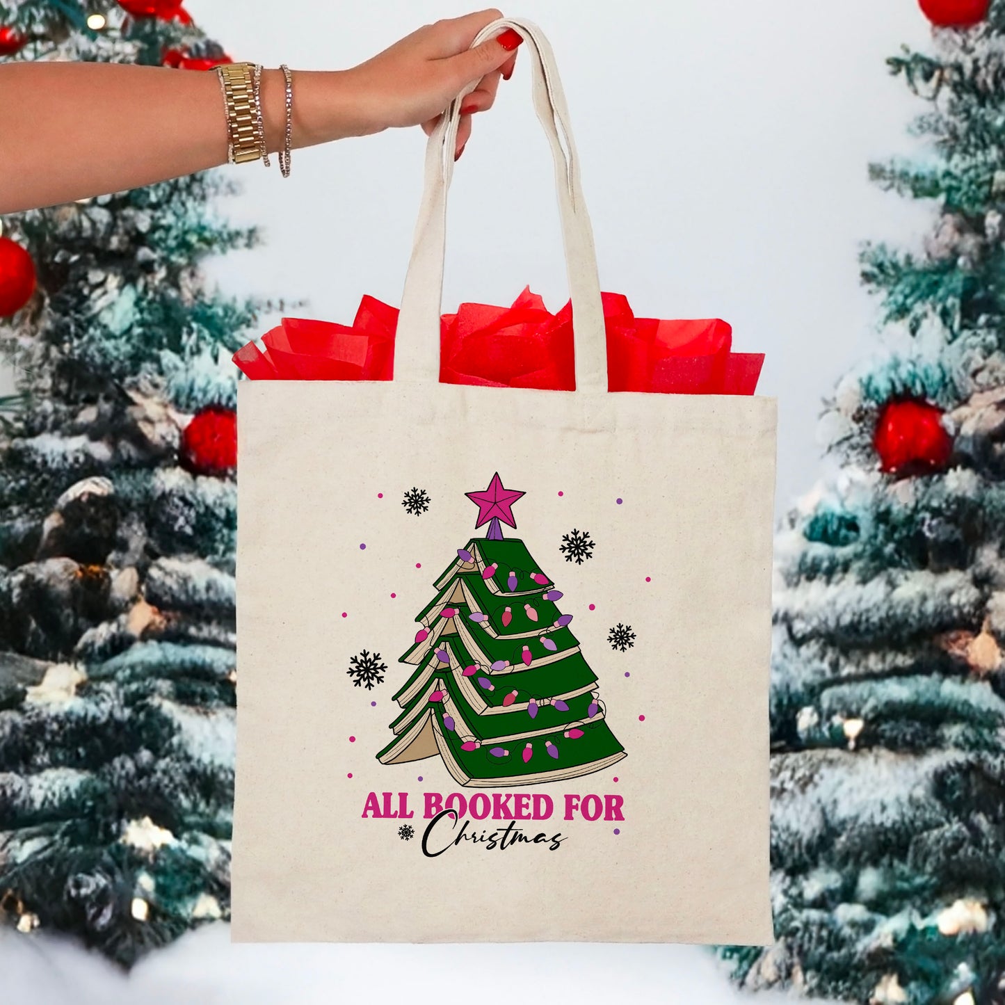 All Booked for Christmas Canvas Tote Bag – Perfect Holiday Gift for Book Lovers